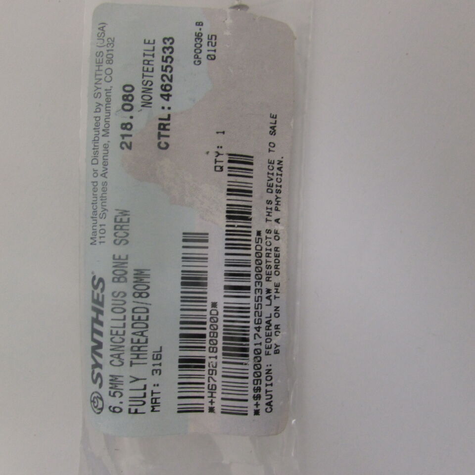 217.08 - SYNTHES - 6.5mm cancellous bone screw 32mm thread/80mm, () - ( Expiry Date: EACH )