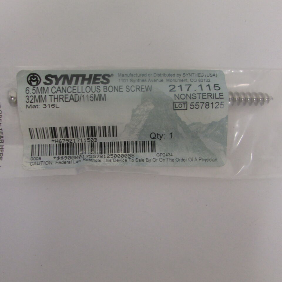 217.115 - SYNTHES - 6.5mm cancellous bone screw 32mm thread/115mm, () - ( Expiry Date: EACH )