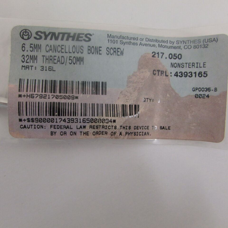 217.05 - SYNTHES - 6.5mm cancellous bone screw 32mm thread/50mm, () - ( Expiry Date: EACH )