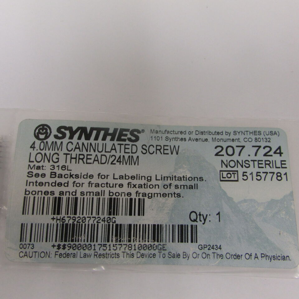 207.724 - SYNTHES - 4.0mm cannulated screw long thread/24mm, () - ( Expiry Date: EACH )