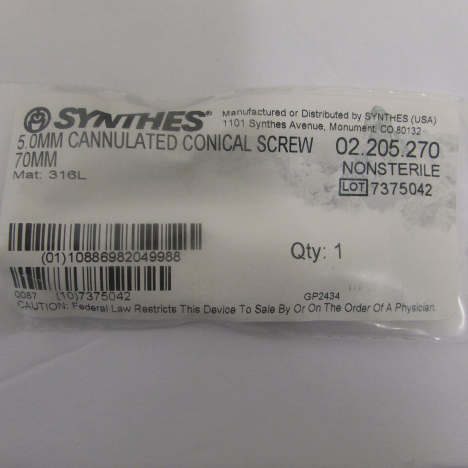 02.205.270 - SYNTHES - 5.0mm cannulated conical screw 70mm, () - ( Expiry Date: EACH )