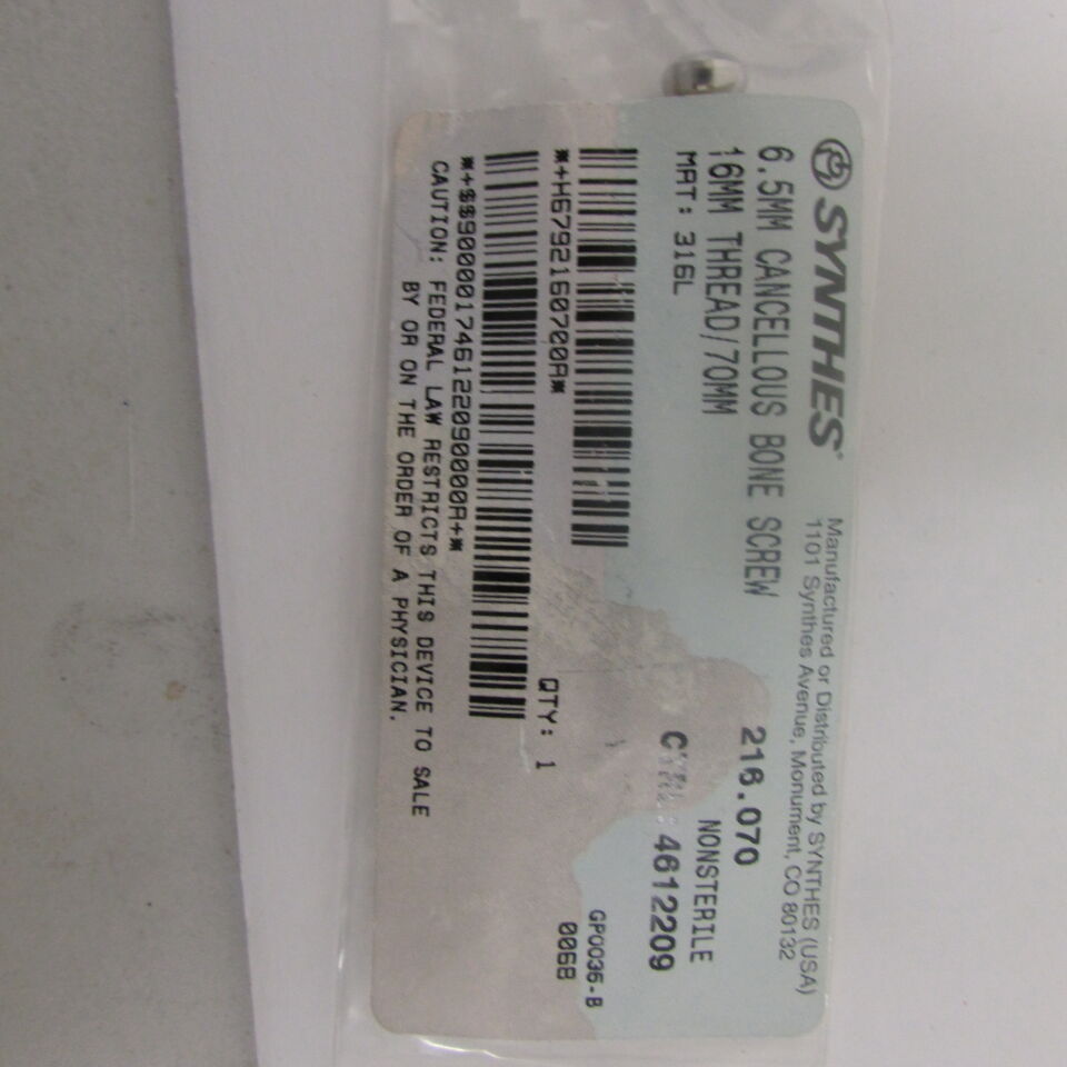 216.07 - SYNTHES - 6.5mm cancellous bone screw 16mm thread/70mm, () - ( Expiry Date: EACH )