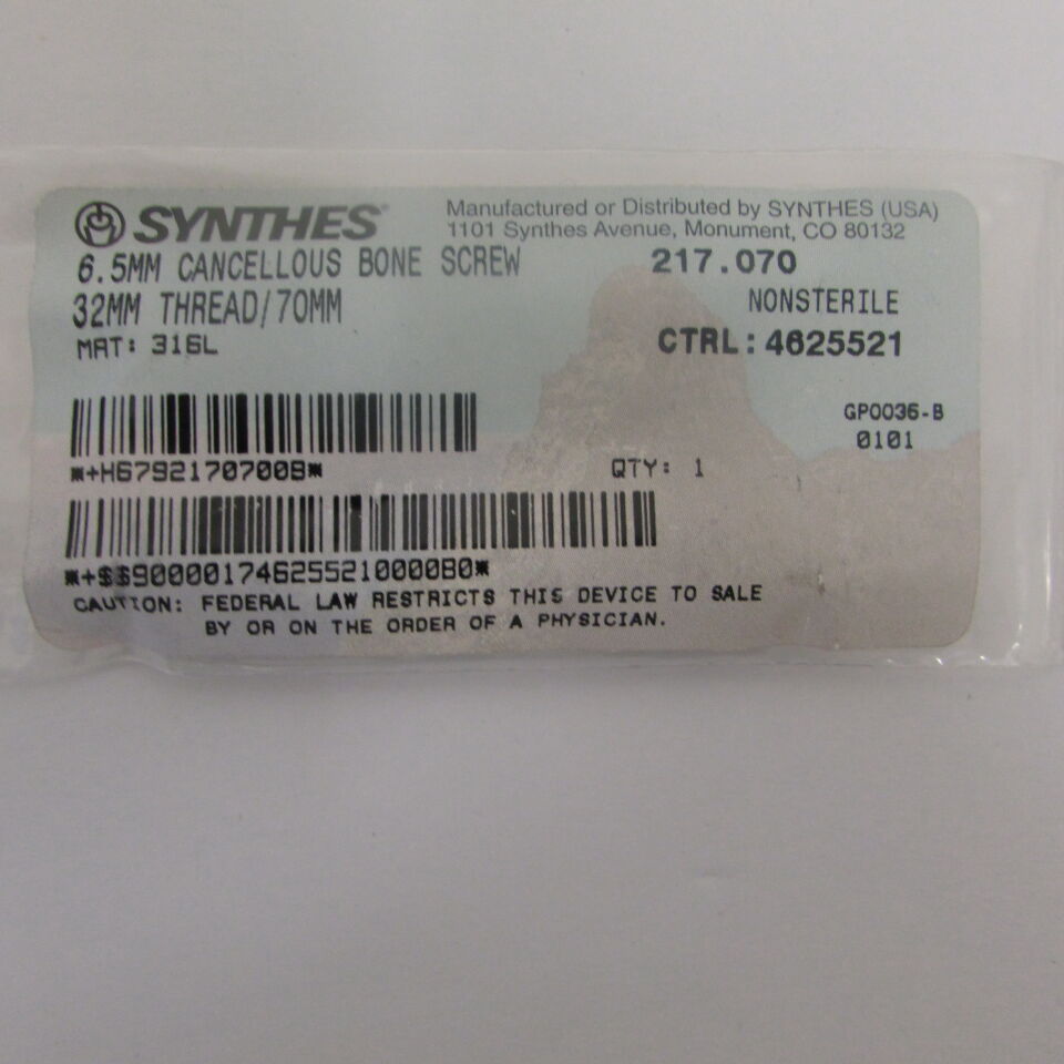 217.07 - SYNTHES - 6.5mm cancellous bone screw 32mm thread/70mm, () - ( Expiry Date: EACH )