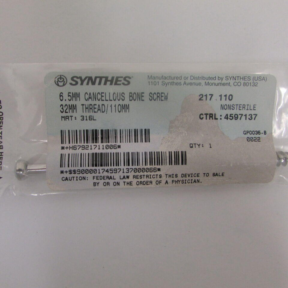217.11 - SYNTHES - 6.5mm cancellous bone screw 32mm thread/110mm, () - ( Expiry Date: EACH )