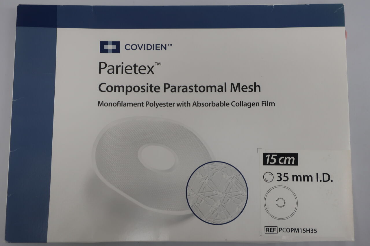 PCOPM15H35 - COVIDIEN - Parietex Monofilament Polyester Composite Parastomal Mesh, 15 cm dia., 35 mm Hole Size, (BOX/1) - ( Expiry Date: 2023-03-31 )