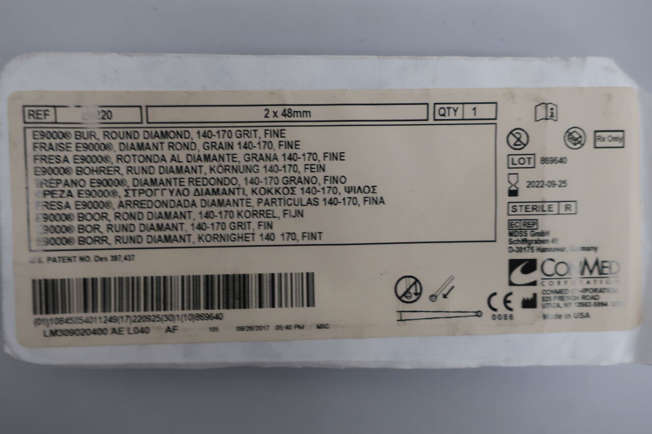 E6220 - CONMED - Conmed Fine Round Diamond E Burr, Medium Grit, 2 dia. x 48 mm Length, () - ( Expiry Date: 2022-09-25 )