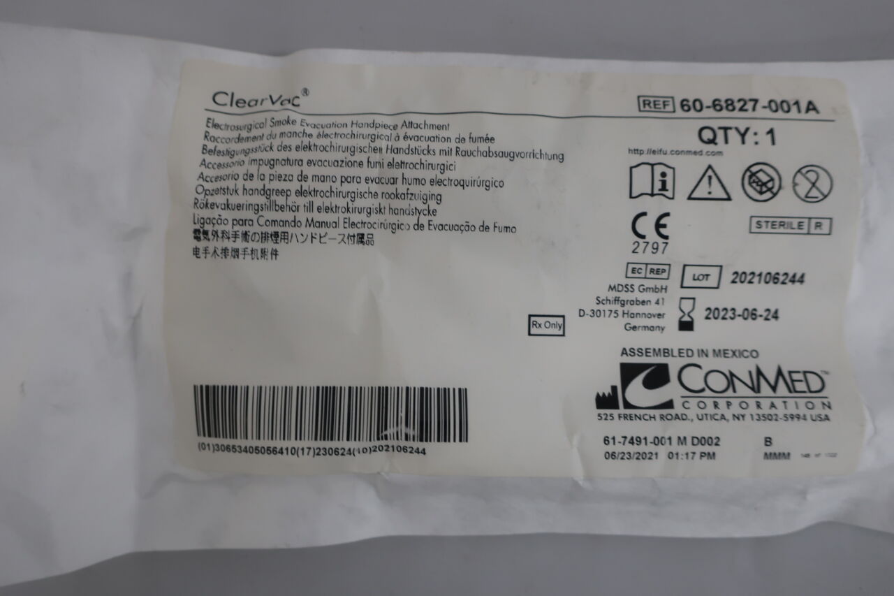 60-6827-001A - CONMED - clearvac, electrosurgical smoke evacutation handpiece attachment -, (EA) - ( Expiry Date: 2023-06-24 )
