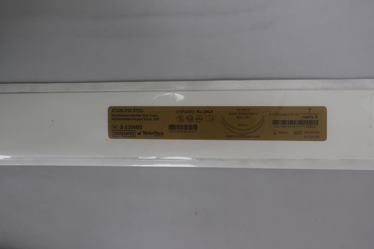 X-5204M8 - TELEFLEX - Stainless steal monofilament nonabsorbable suture 3/8 circle blunt sternotomy 8x18 inches , (EA) - ( Expiry Date: 2021-08-01 )