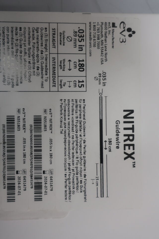 N351803 - EV3 - nitrex guidewire: 0.035" x 180cm, straight, () - ( Expiry Date: 2021-07-01 )