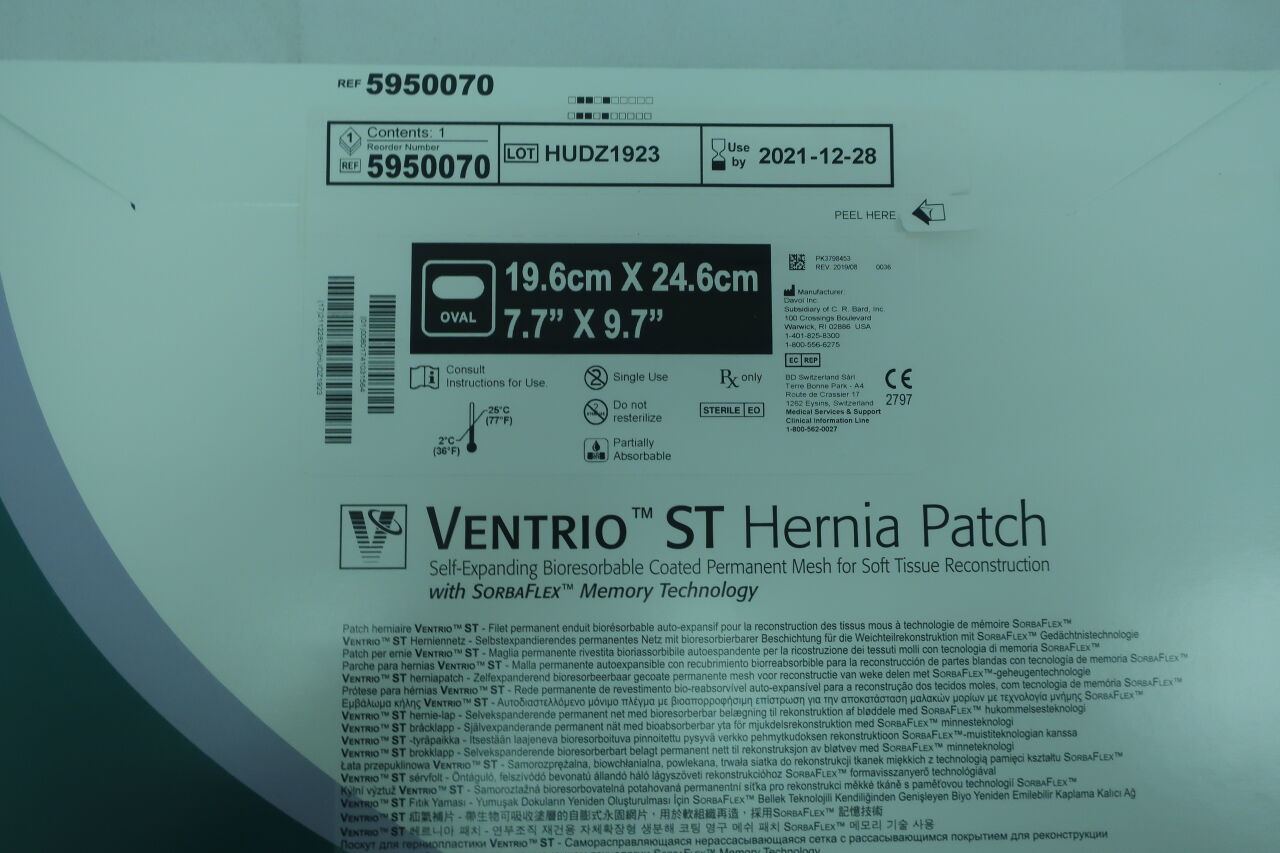 5950070 - BARD - Mesh Ventrio ST Hernia Patch, Extra Large Oval 19.6cm x 24.6cm
, (BX/1) - ( Expiry Date: 2021-12-28 )