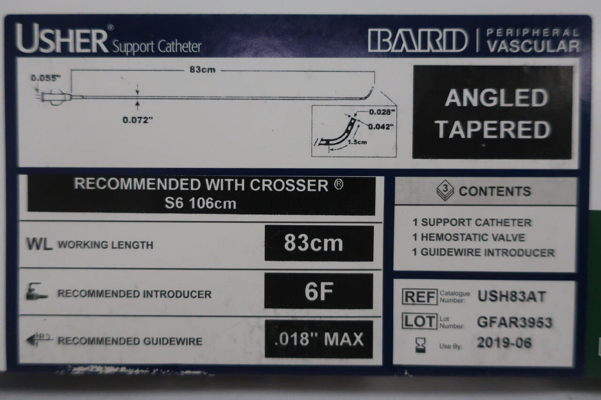 USH83AT - BARD - usher support catheter angled tapered 83cm x 6f .018" max lot of 2, (BX/3)