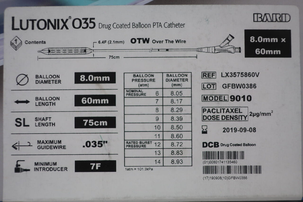 LX3575860V - BARD - Lutonix OTW AV Drug Coated Balloon PTA Catheter 8mm x 60mm, 75cm, (BX/1)