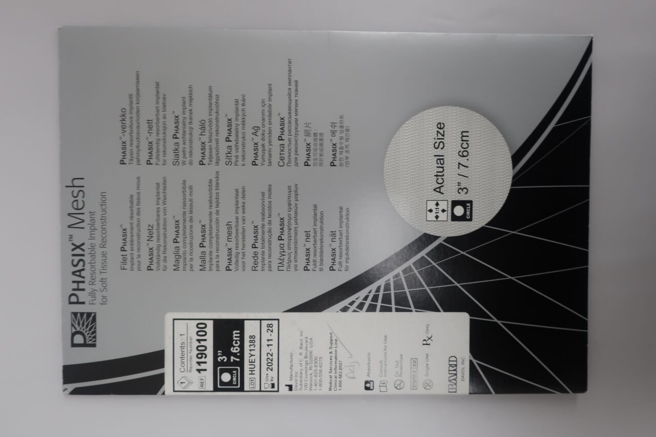 1190100 - BARD - Phasix Mesh Fully Resorbable Monofilament Scaffold 7.6cm (3") Round
, () - ( Expiry Date: 2022-11-28 )