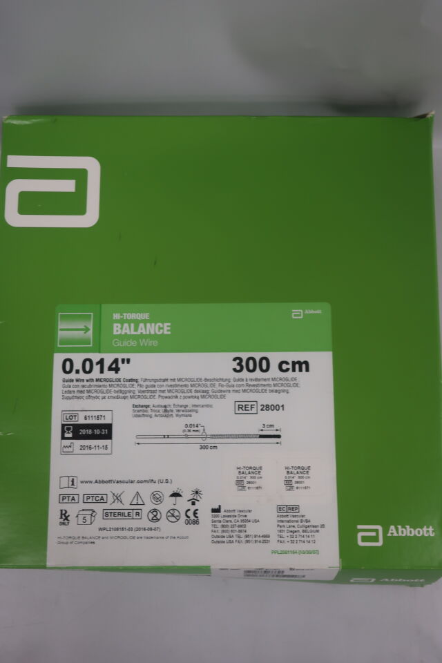 28001 - ABBOTT - HI-TORQUE BALANCE Guide Wire .014 Straight Tip 3.0 cm x 300 cm, (BX/5) - ( Expiry Date: 2018-10-31 )