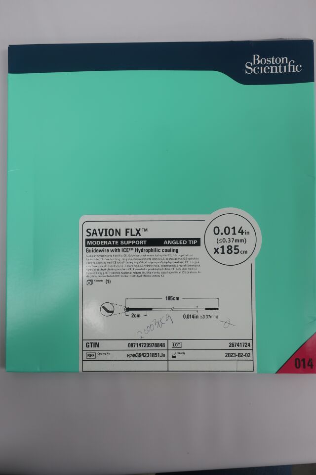 394231851J - BOSTON SCIENTIFIC - Savion FLX Moderate Support Angled Tip Guidewire with ICE Hydrophilic Coating, 0.014in x 185cm, (BX/1) - ( Expiry Date: 2023-02-17 )