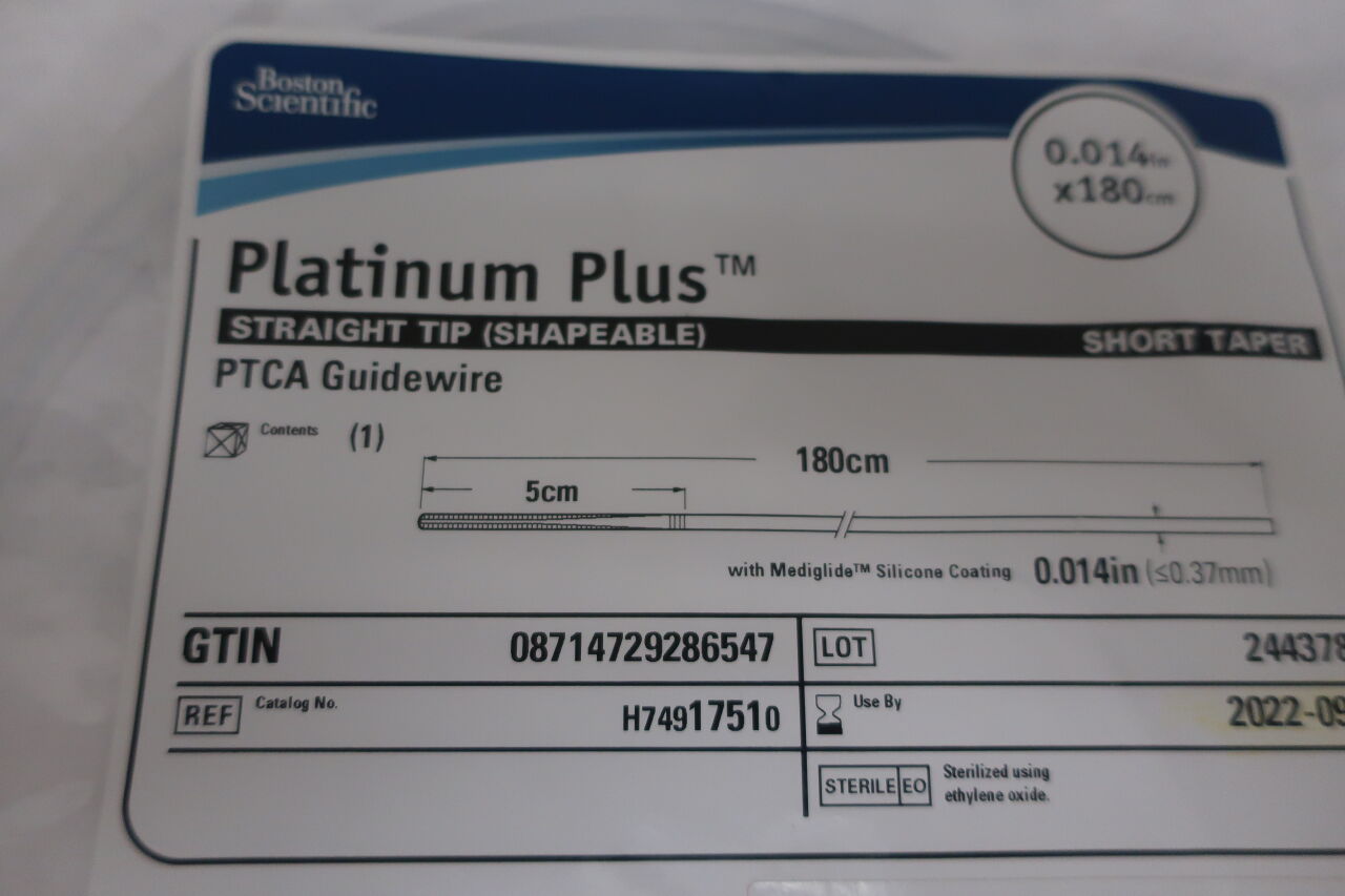 1751 - BOSTON SCIENTIFIC - platinum plus straight tip (shapeable) short taper ptca guidewire 0.014" x 180cm (h74917510), () - ( Expiry Date: )