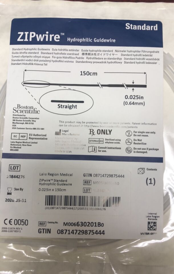 630201B - BOSTON SCIENTIFIC - ZIPwire Hydrophilic Coated Straight Tip Guidewire, 150 cm Length, () - ( Expiry Date: )