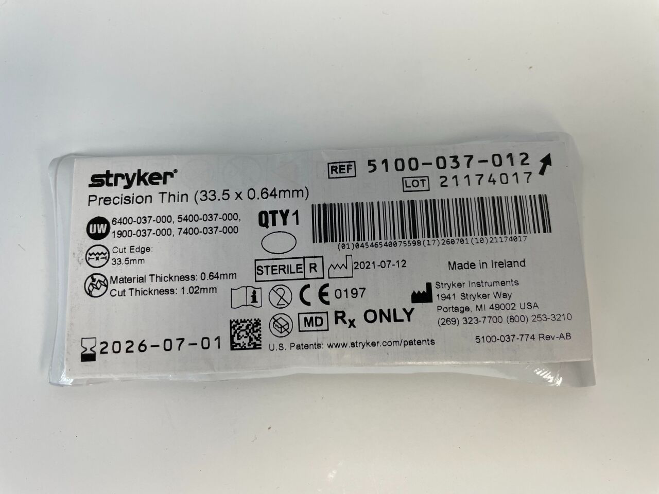 5100-037-012 - STRYKER - Precision Thin (33.5 x 0.64mm) , ( EA/ ) - ( Expiry Date : 2026-07-01 )