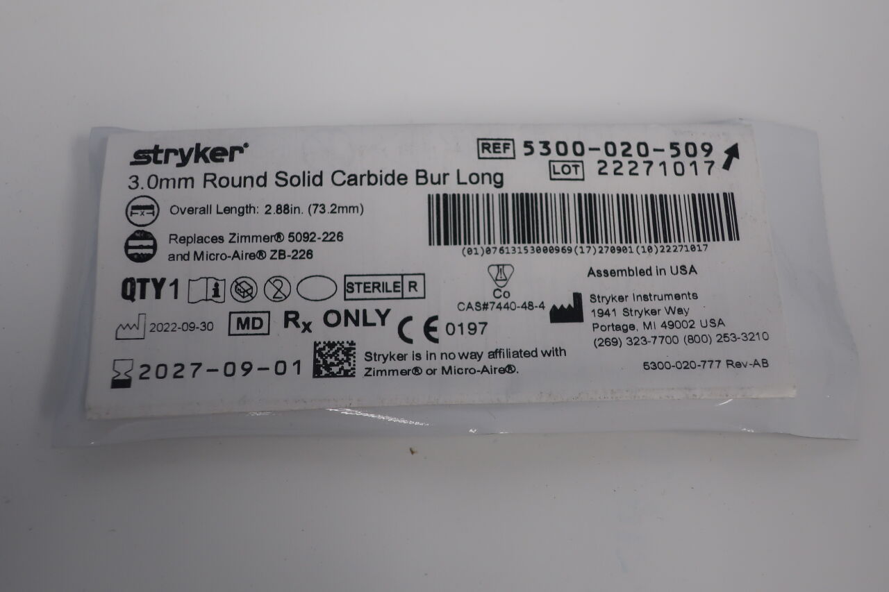 5300-020-509 - STRYKER - 3.0mm Round Solid Carbide Bur Long , ( EA/ ) - ( Expiry Date : 2027-09-01 )