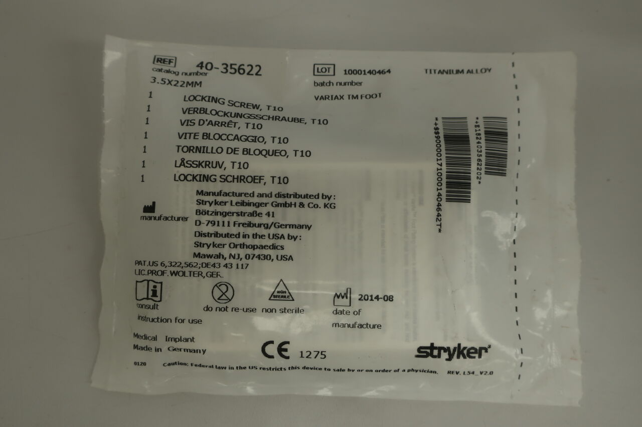 40-35622 - STRYKER - Stryker Titanium T7 Drive Locking Screw, 3.5 dia. x 22 mm Length , ( EA/ ) - ( Expiry Date : N/A )