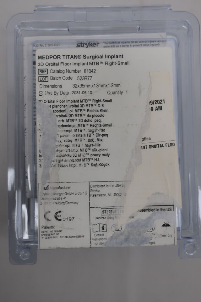 81042 - STRYKER - Medpor Titan 3D Orbital Floor, MTB Right Small, 32 x 35 x 13 x 1.2mm
, ( ) - ( Expiry Date : 2031-01-06 )