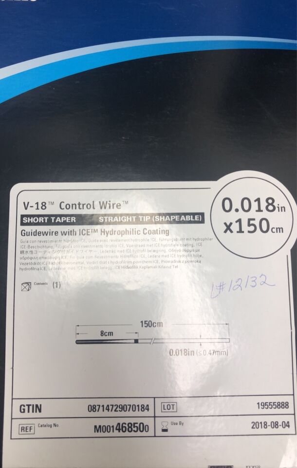46850 - BOSTON SCIENTIFIC - V-18 Control Wire with ICE Hydrophilic Coating - Short Taper, Straight Tip (Shapeable) Guidewire - .018" x 150cm, (EA) - ( Expiry Date: 2022-08-14 )