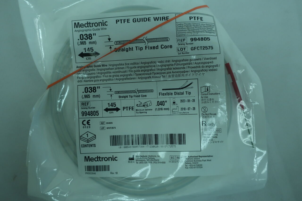 994805 - MEDTRONIC - PTFE Guide Wire Straight Tip Fixed Core .038 X 145CM STR, (BX/10) - ( Expiry Date: 2023-06-28 )