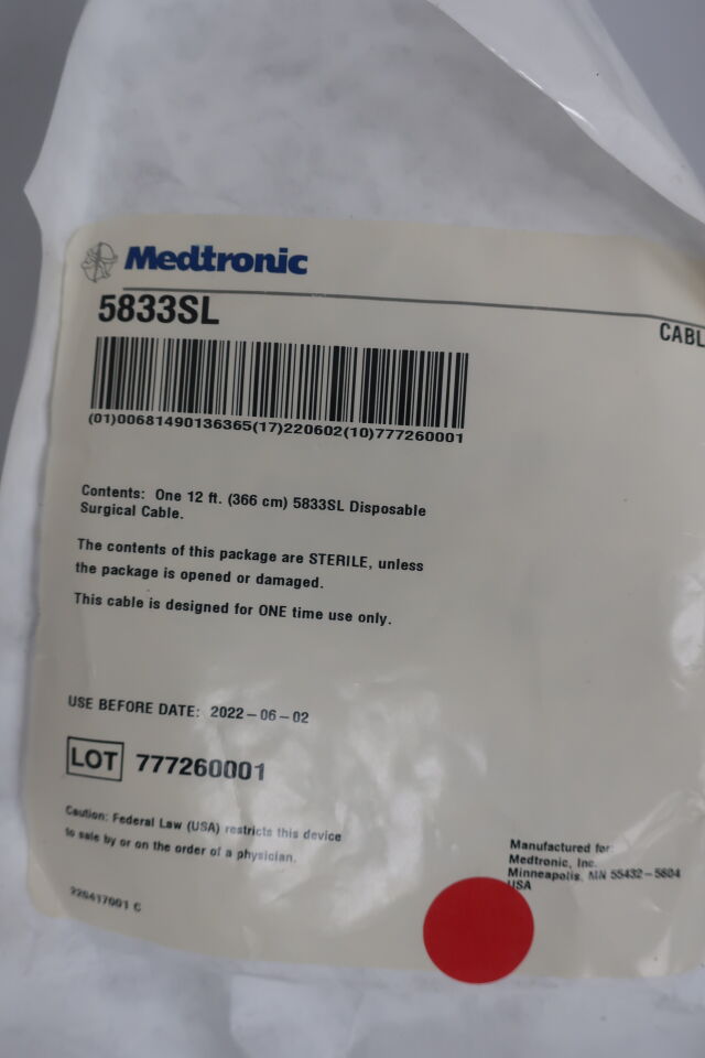 5833SL - MEDTRONIC - 12' Disposable Surgical Cable, Small Clip, Long, (EA) - ( Expiry Date: 2022-06-02 )
