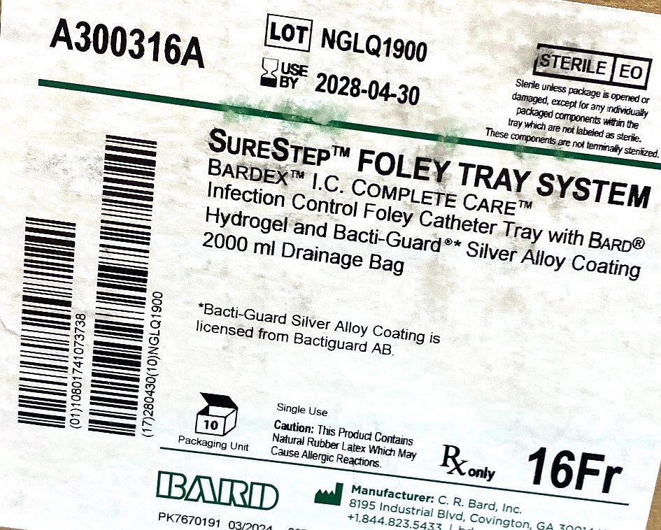 A300316A - BARD - SureStep® Foley Tray System Bardex® IC Complete Care® Tray & 2000 ml Drainage Bag, (BX/10)