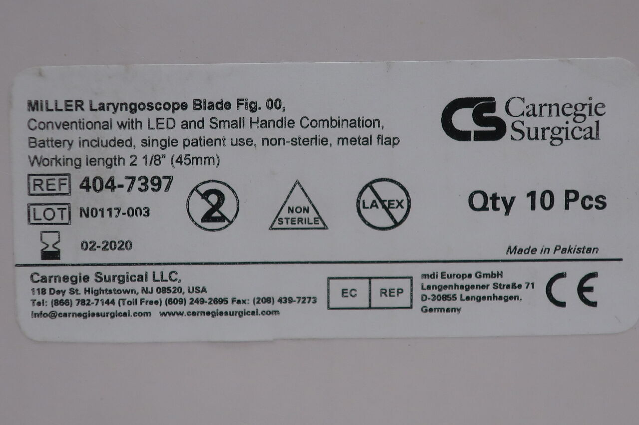 404-7397 - CARNEGIE SURGICAL - MILLER Laryngoscope blade & handle Size 00, (BX/5) - ( Expiry Date: 2020-02-01 )