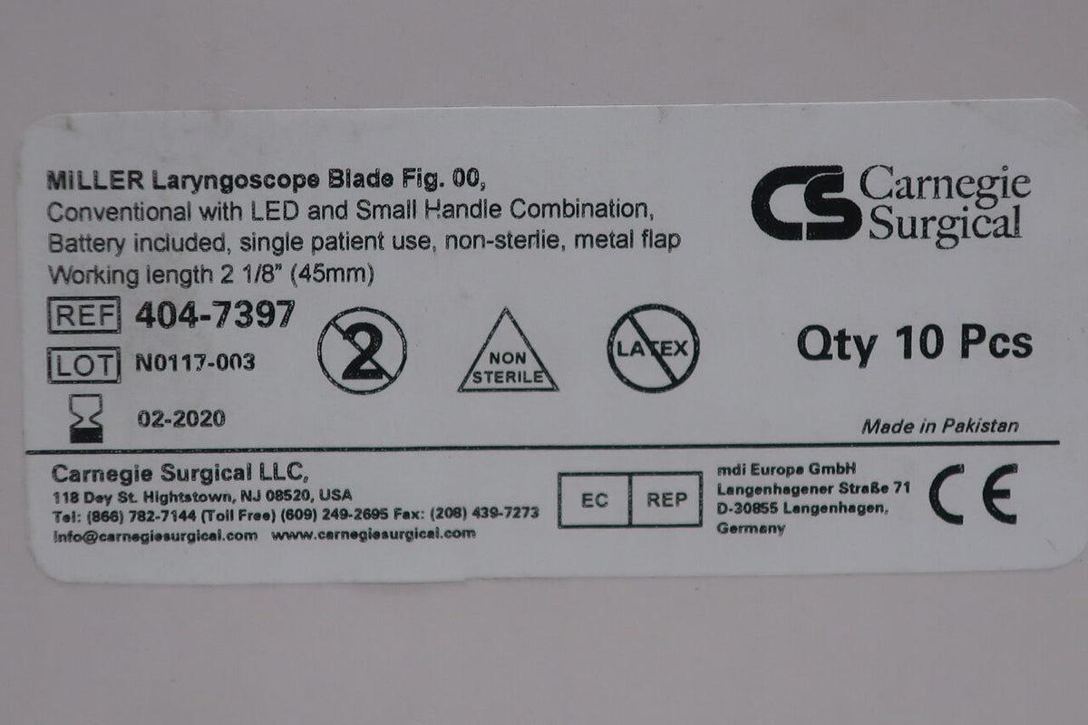 404-7397 - CARNEGIE SURGICAL - MILLER Laryngoscope blade & handle Size 00, (BX/5)