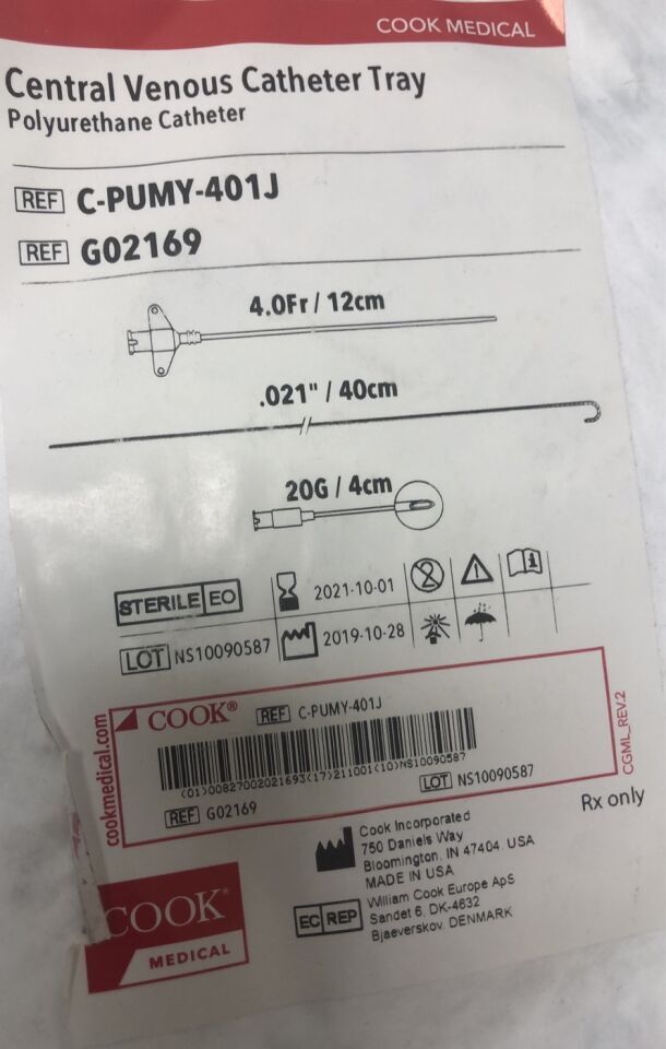 G02169 - COOK - cvc tray, pediatric single lumen polyurethane 4f x 12cm, (EA) - ( Expiry Date: 2021-10-01 )