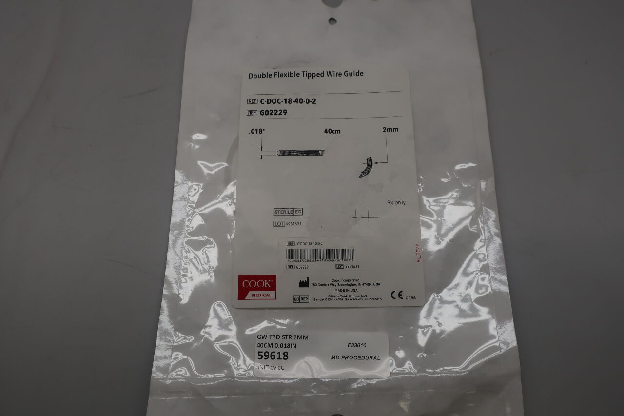 G02229 - COOK - Double Flexible Tipped Guidewire, 0.018 in. dia. x 40 cm Length, (EA) - ( Expiry Date: 2024-09-26 )