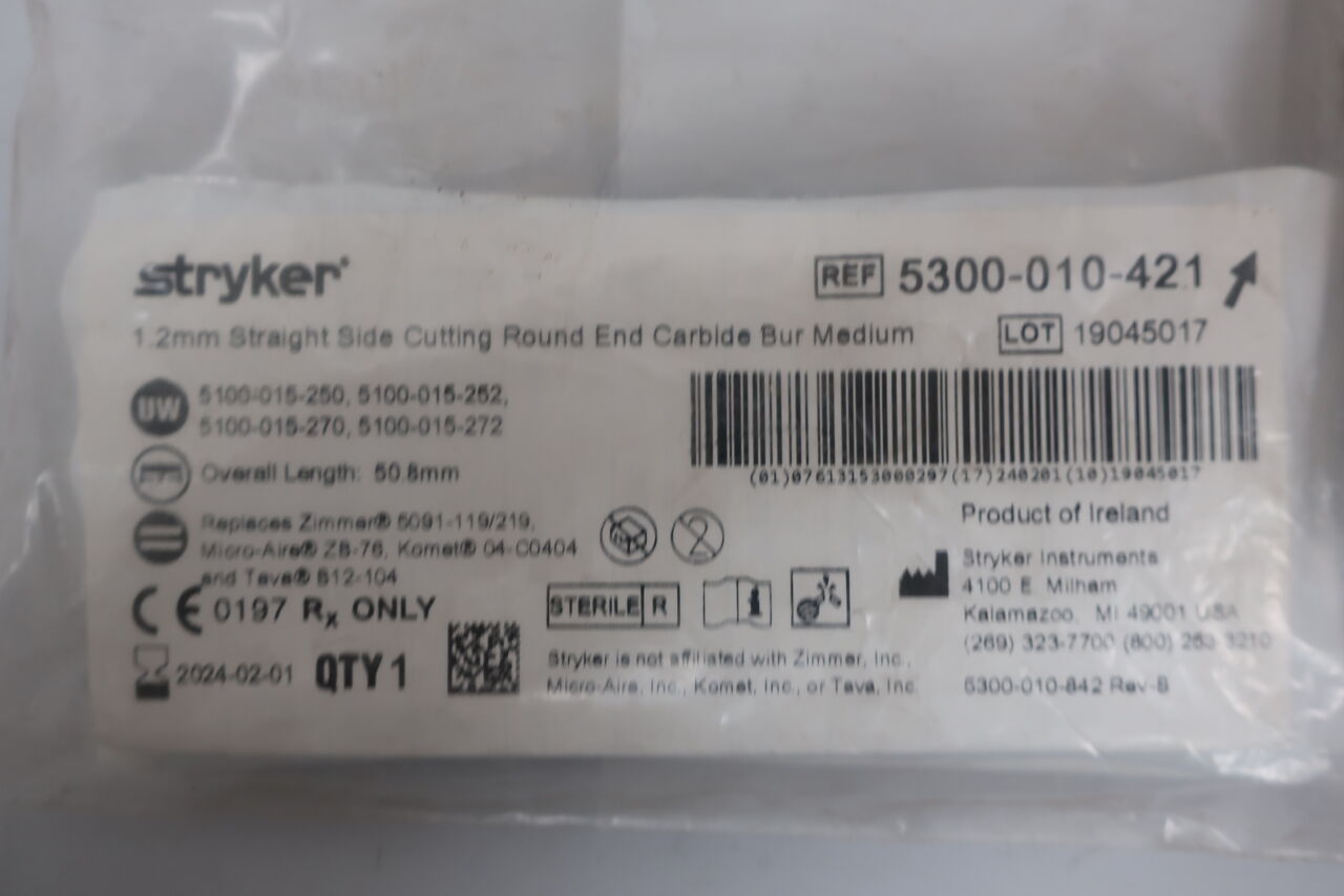 5300-010-421 - STRYKER - 1.2mm Straight Side Cutting Round End Carbide Bur, Medium, (EA) - ( Expiry Date: 2024-02-01 )