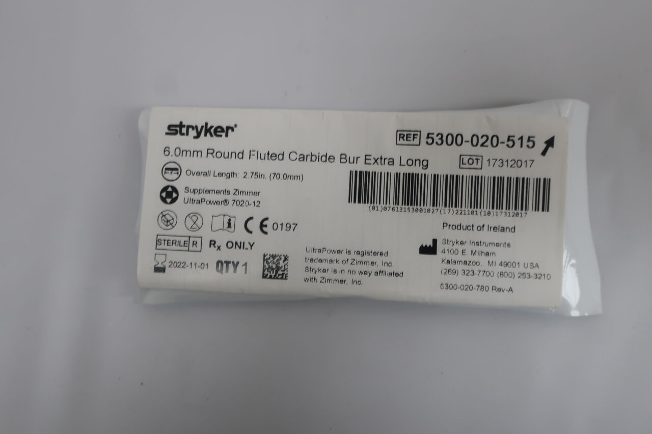 5300-020-515 - STRYKER - 6.0mm Round Fluted Carbide Bur, Extra Long, (EA) - ( Expiry Date: 2022-11-01 )