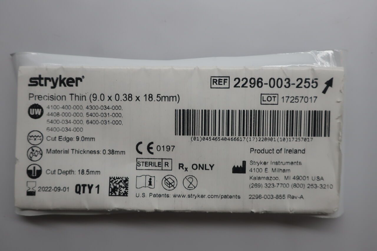 2296-003-255 - STRYKER - Precision Thin Straight Sagittal Saw Blade, 18.5 L x 9 mm, (EA) - ( Expiry Date: 2022-09-01 )