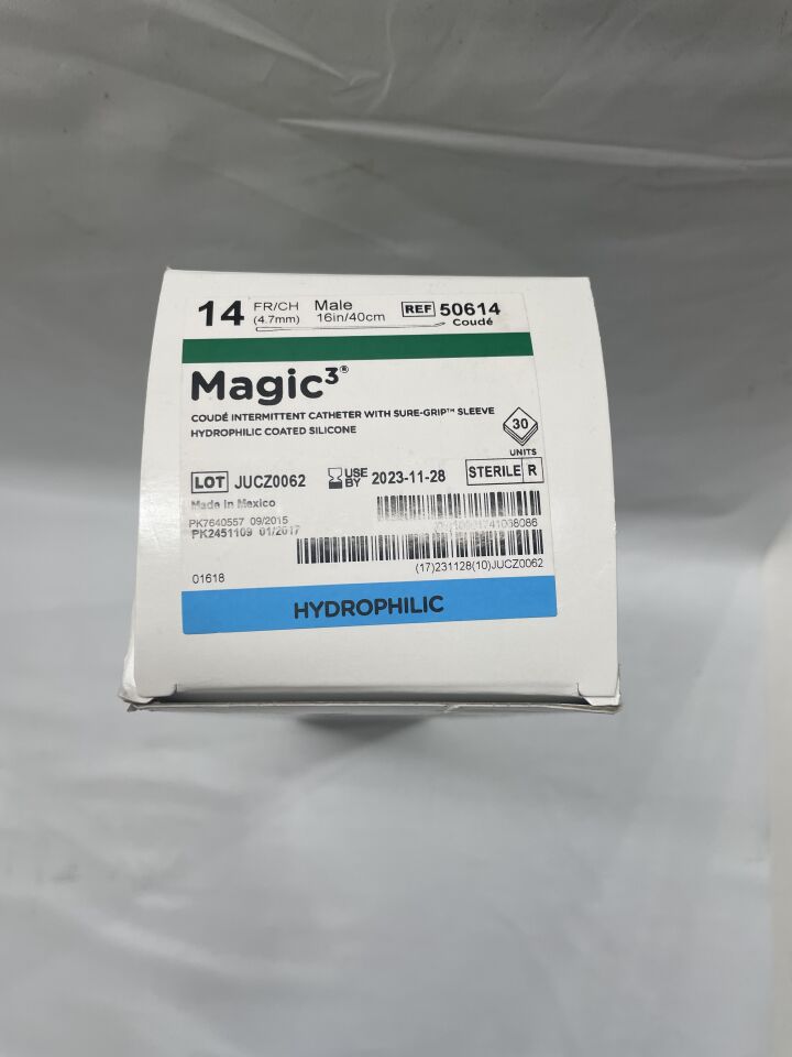 50614 - BARD - magic3 14f intermittent catheters w/sure-grip, hydrophilic coated silicone coude tip, male, 16", (BX/30) - ( Expiry Date: 2023-11-28 )