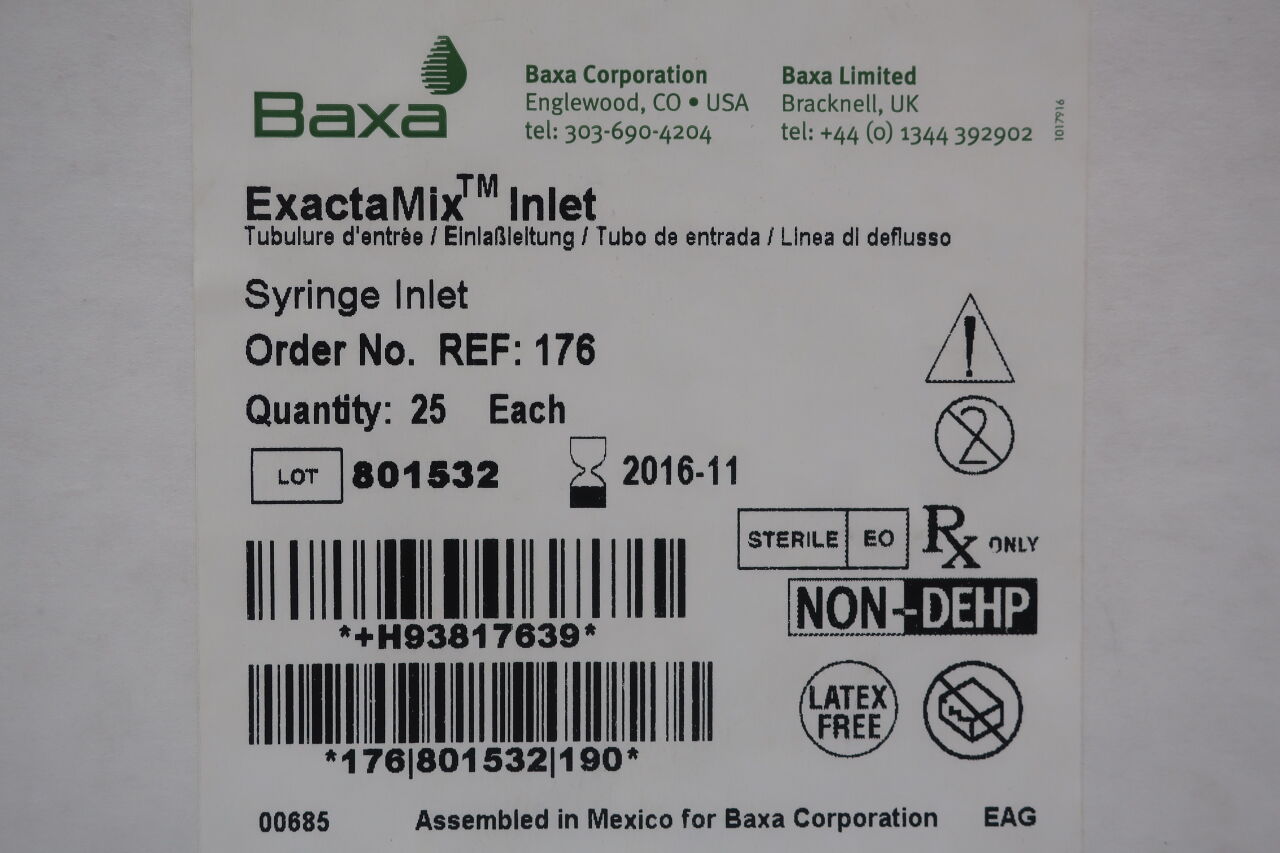 176 - BAXA - ExactaMix Syringe Inlet , (BX/25) - ( Expiry Date: 2016-11-05 )