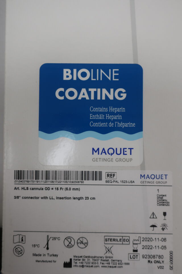 BEQ-PAL-1523-USA - MAQUET - Arterial HLS Cannula, Bioline 15F x 23cm, () - ( Expiry Date: 2022-11-05 )