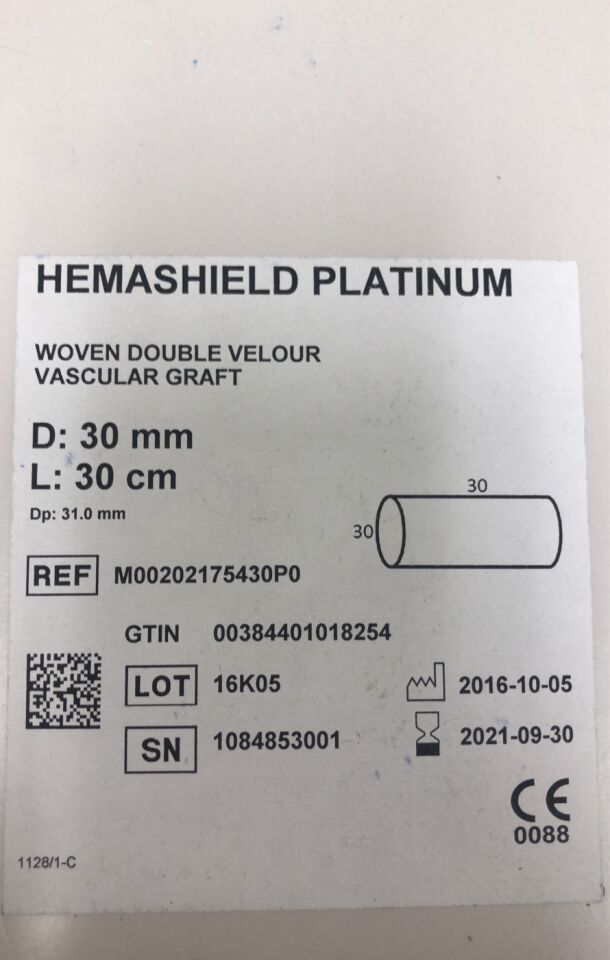 M00202175430P0 - MAQUET - Hemashield Platinum Woven Double Velour Vascular Graft 30 mm x 30cm , (BX/1) - ( Expiry Date: 2022-02-28 )