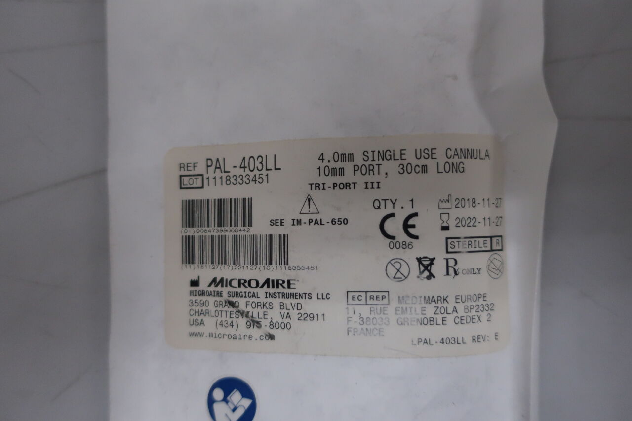 PAL-403LL - MICRO-AIRE - 4.0mm single use cannula 10mm port, 30cm long, (EA) - ( Expiry Date: 2022-11-27 )