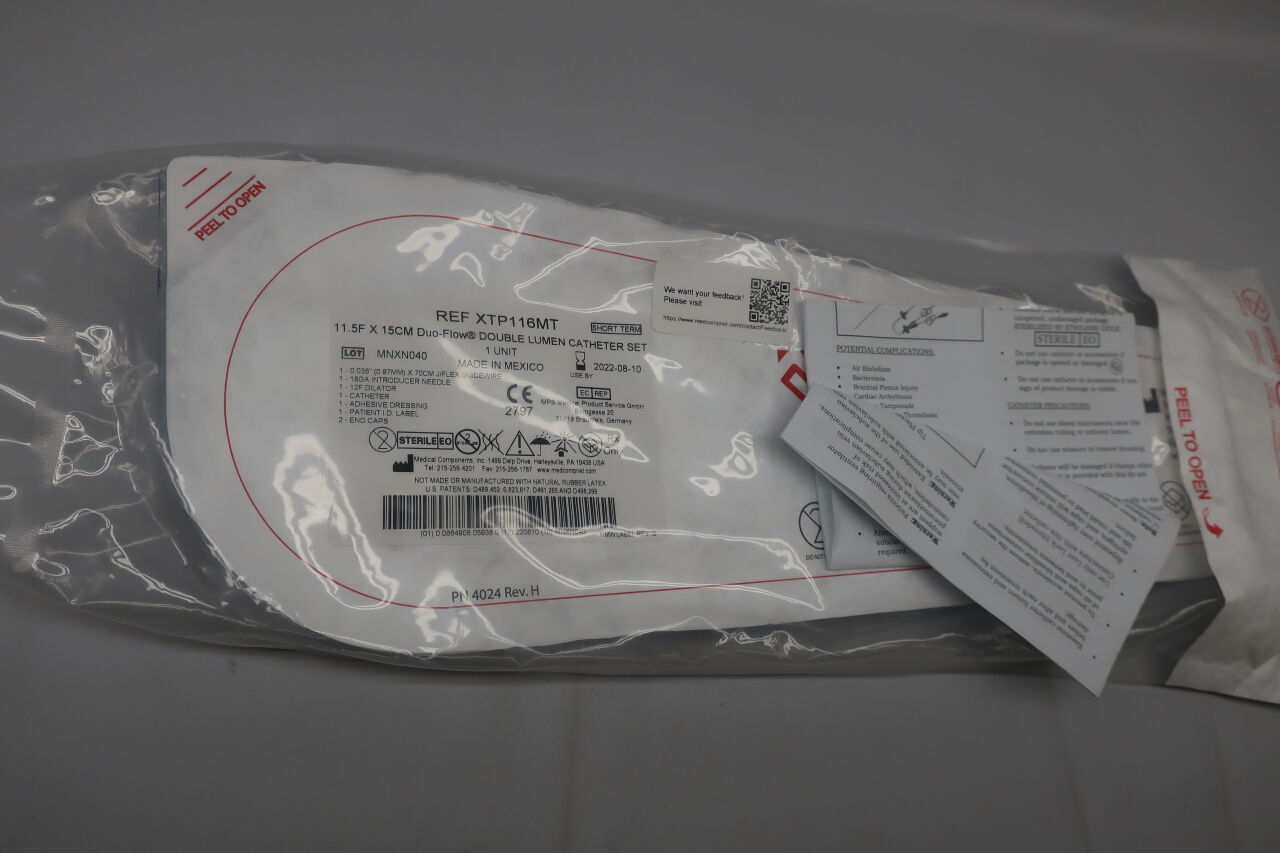 XTP116MT - MEDICAL COMPONENTS - Duo-Flow Double Lumen Catheter Set, 11.5F x 15cm, (EA) - ( Expiry Date: 2022-08-10 )