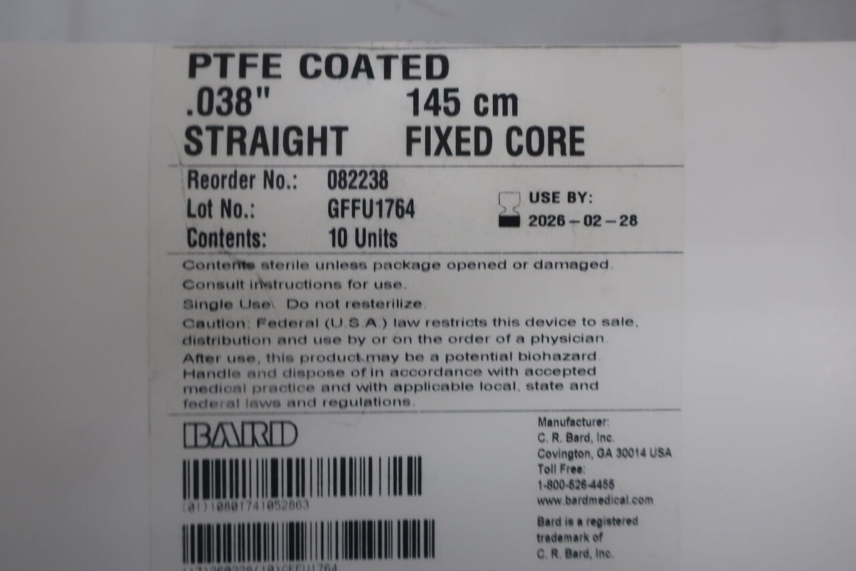 082238 - BARD - Bard Straight Tip Guidewire, 145 cm Length, 0.038 in. dia., (EA)