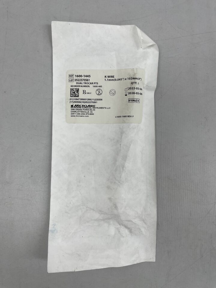 1600-1445 - MICRO-AIRE - K-Wire Dual Trocar pts 1.1mm(0.045") x 102mm(4") Orthopaedic bone pin, non-bioabsorbable , ( EA ) - ( Expiry Date : 2026-05-06 )