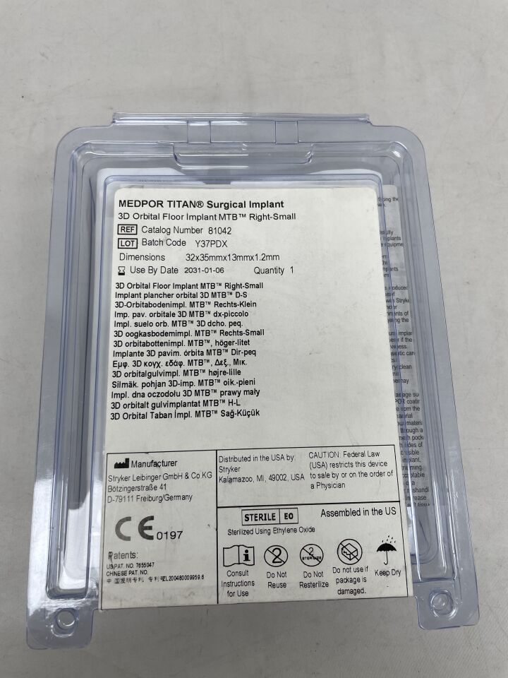 81042 - STRYKER - Medpor Titan 3D Orbital Floor, MTB Right Small, 32 x 35 x 13 x 1.2mm
, ( ) - ( Expiry Date : 2031-01-06 )