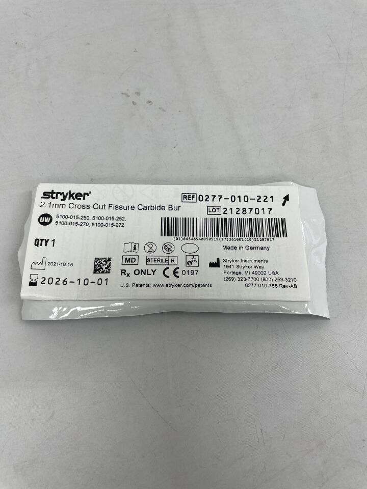 0277-010-221 - STRYKER - Fresa de carburo de fisura de corte transversal de 2,1 mm (unidades) - (Fecha de caducidad: 01/10/2026)