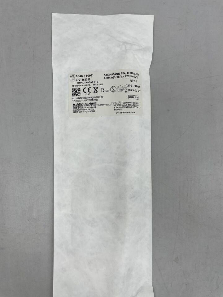 1648-1109T - MICRO-AIRE - Steinmann Pin, Threaded Dual Trocar pts 4.8mm(3/16") x 229mm(9") Orthopaedic bone pin, non-bioabsorbable , ( EA ) - ( Expiry Date : 2025-07-21 )