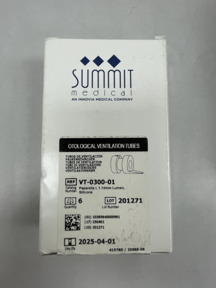 VT-0300-01 - SUMMIT MEDICAL - Otological Ventilation Tube Paparella I 1.14mm Luman Silicone , ( BX/6 ) - ( Expiry Date : 2025-04-01 )