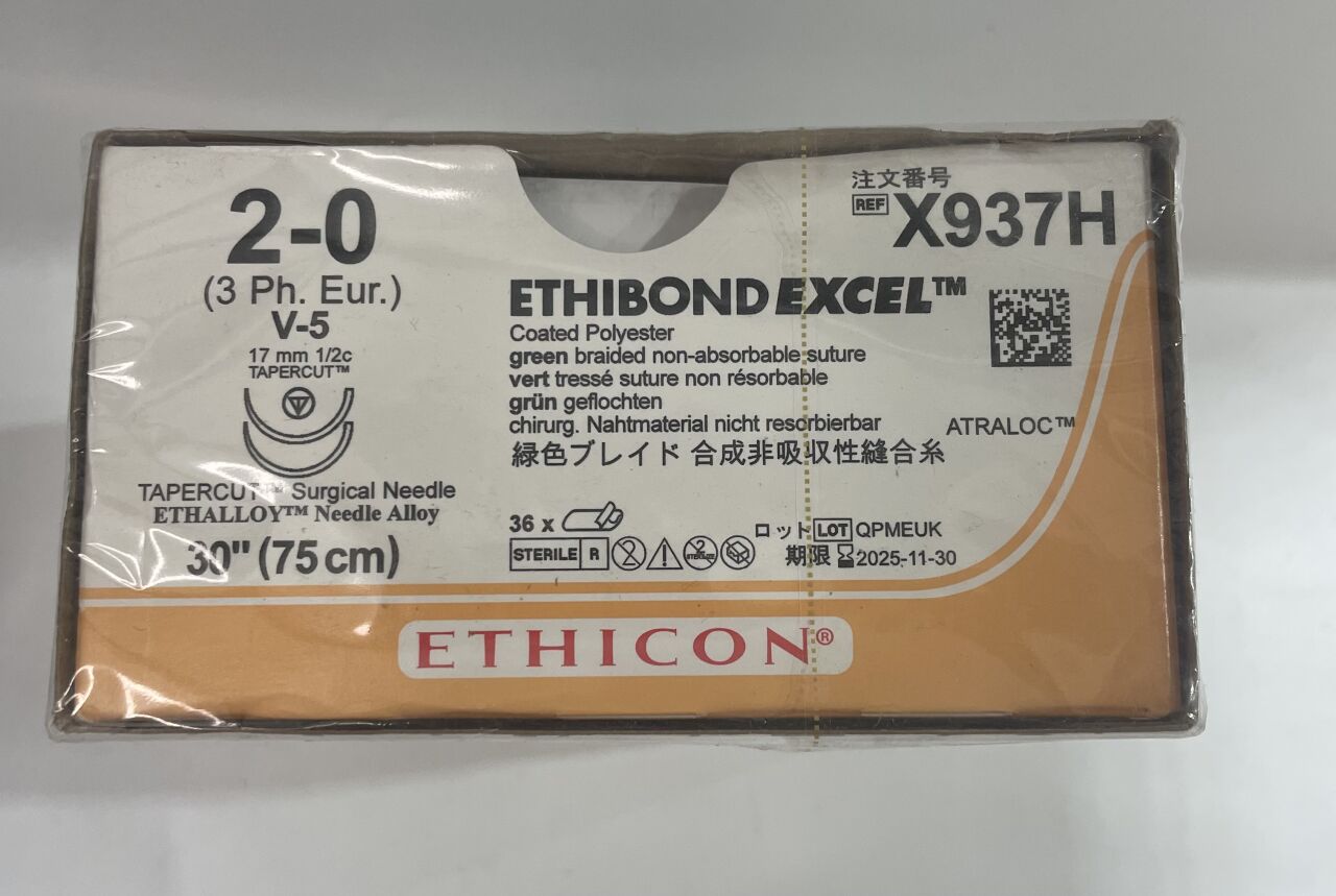 X937H - ETHICON - Ethibond Excel 編織聚酯縫合線,2-0 號,30 英吋長,V-5 針,(BX/36)-(有效期至:2025-11-30)