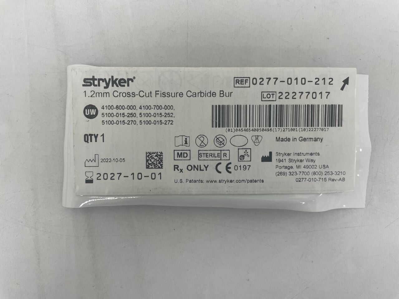 277010212 - STRYKER - 1.2mm Cross-Cut Fissure Carbide Bur , ( EA ) - ( Expiry Date : 2027-10-01 )